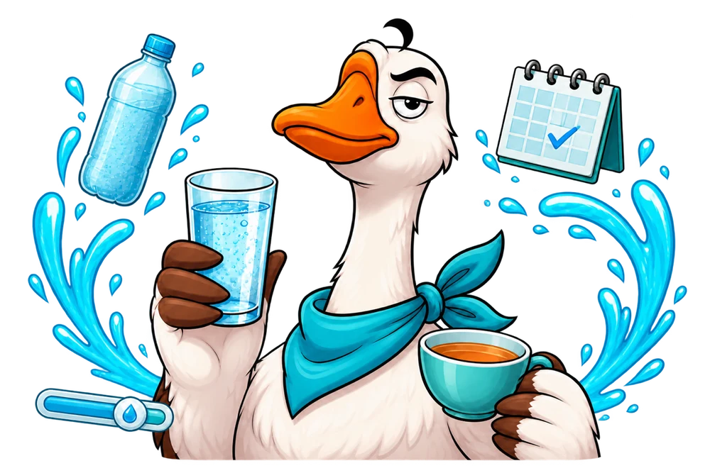 Water Goose with a bottle, glass, calendar, and hydration progress