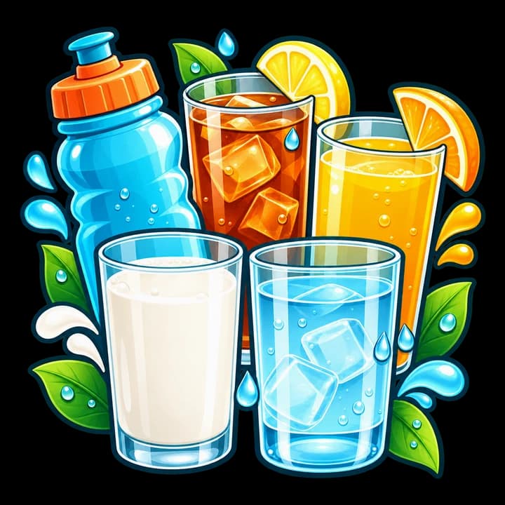 Everyday drinks lined up against a glass of water