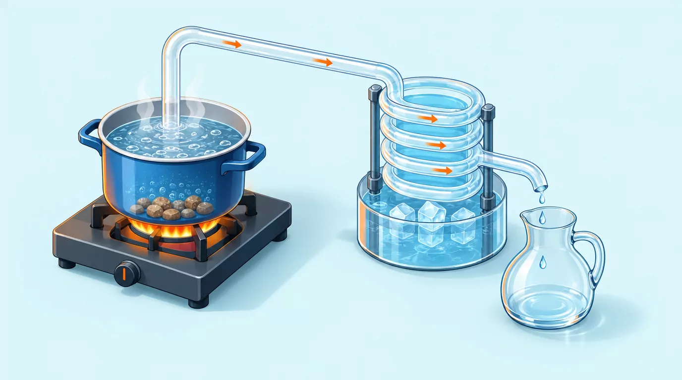 Diagram of what distilled water is: steam rises from a boiling pot, condenses into a clean jug, and minerals stay behind
