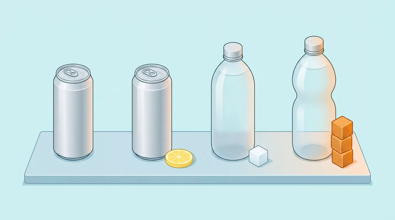 Four fizzy drinks in a row, with only the tonic water carrying a tall stack of sugar cubes beside it