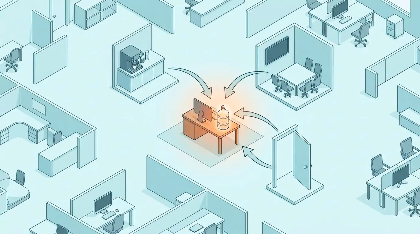 Office floor plan showing drink water cues converging on a bottle placed in the desk sight line