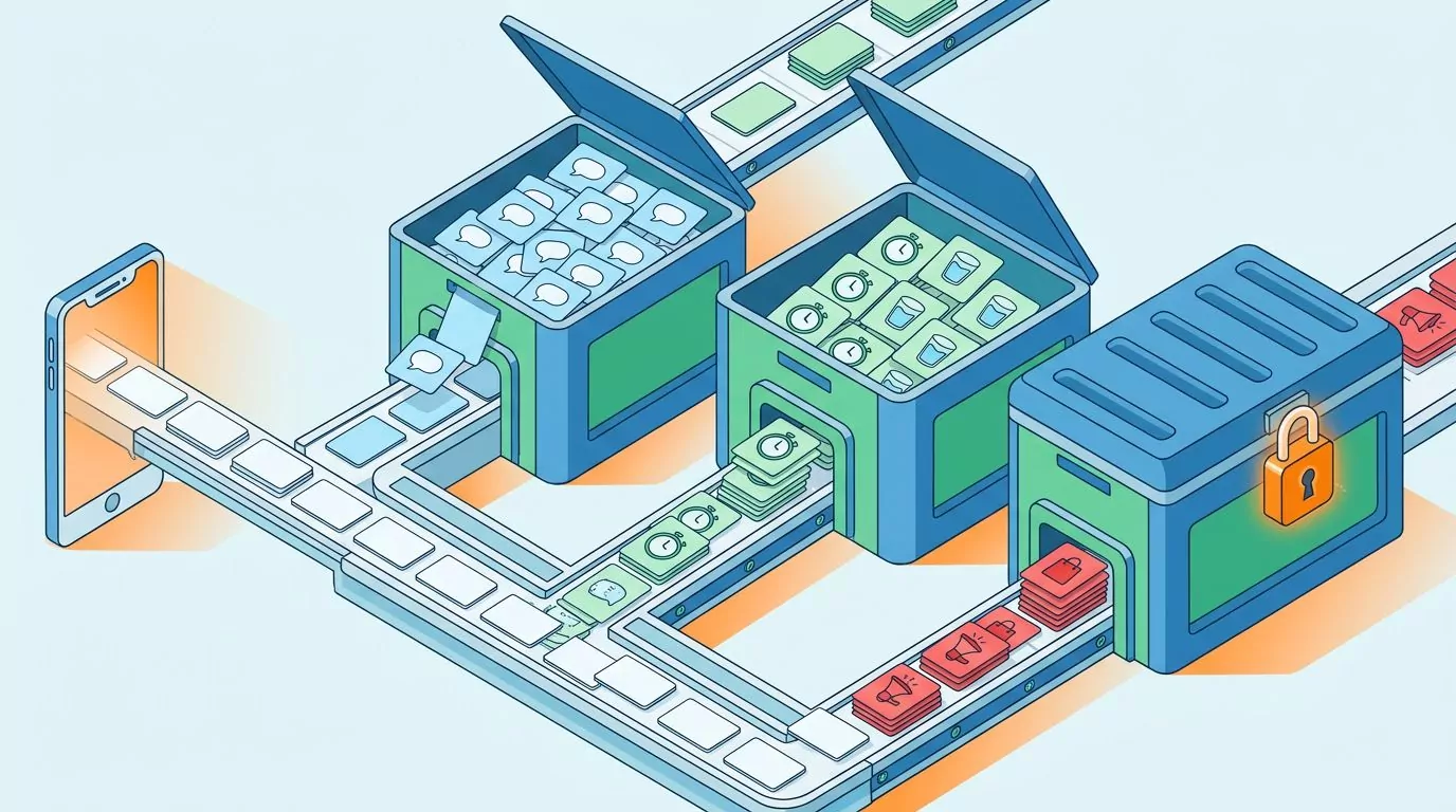 Notification audit diagram: alerts flow into three bins, two open for messages and reminders, one locked for promos