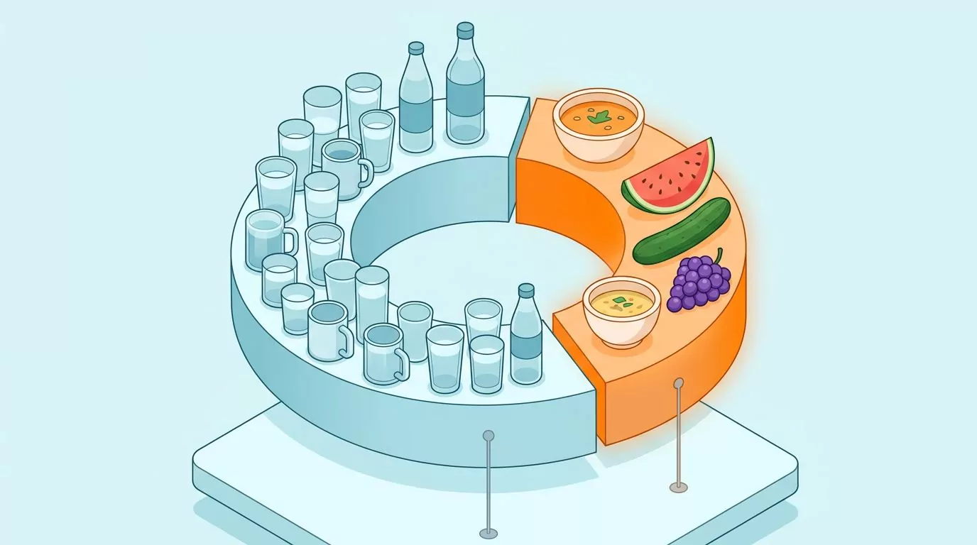Ring split into a large arc of drinks and a smaller arc of water-rich foods such as soup, melon and cucumber