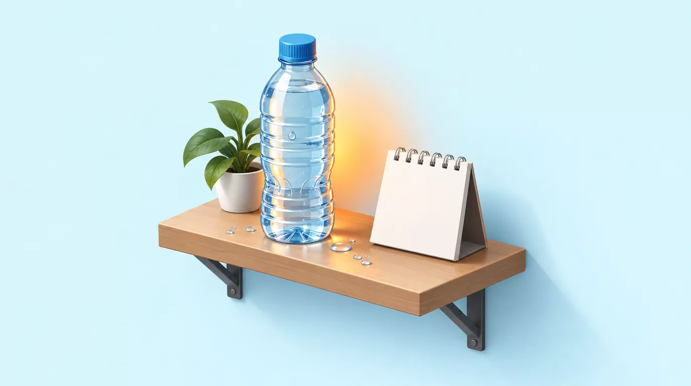 Does water expire? A sealed water bottle on a wooden shelf beside a potted plant and a blank desk calendar
