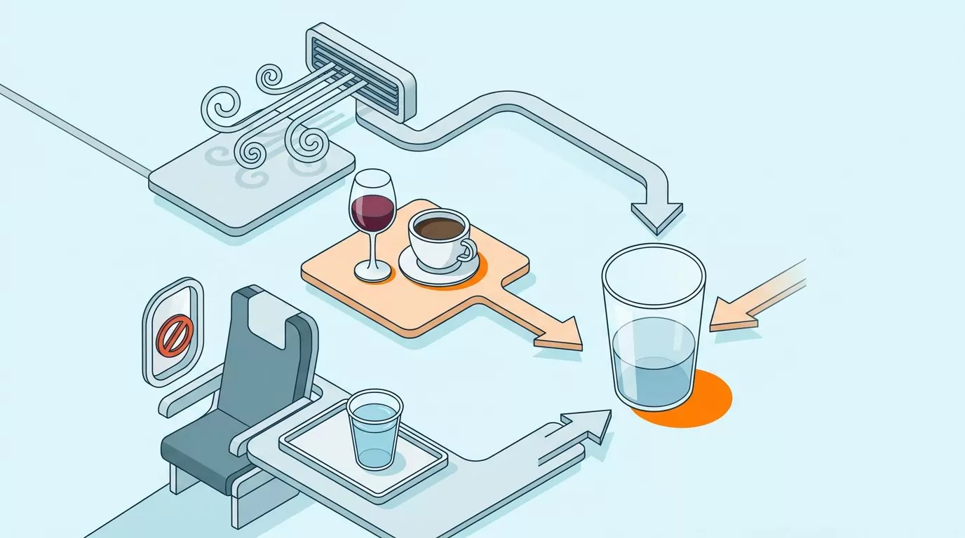 Dry cabin air, wine and coffee, and a skipped cart drink all draining one half-empty water glass