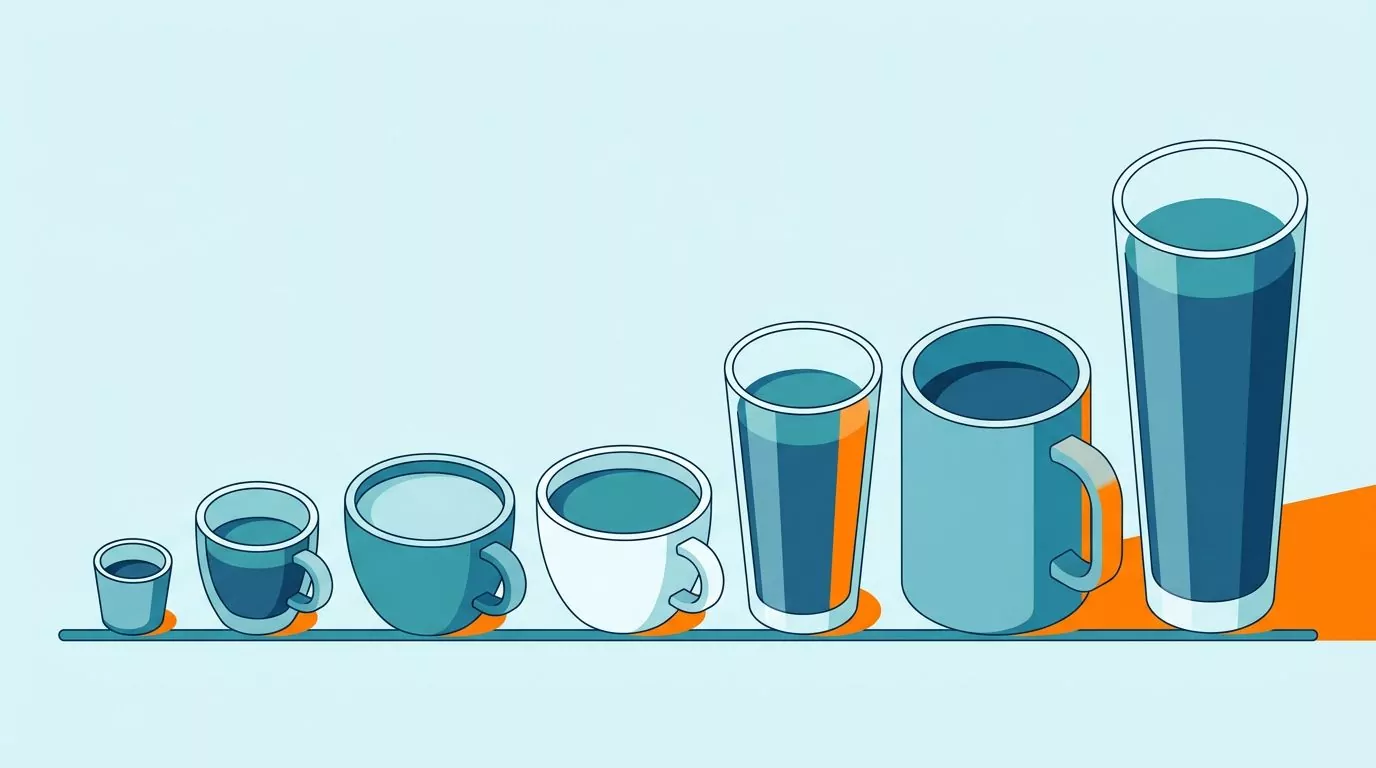 Coffee vs water hydration by volume: seven cups by size, from espresso to a tall cold brew glass