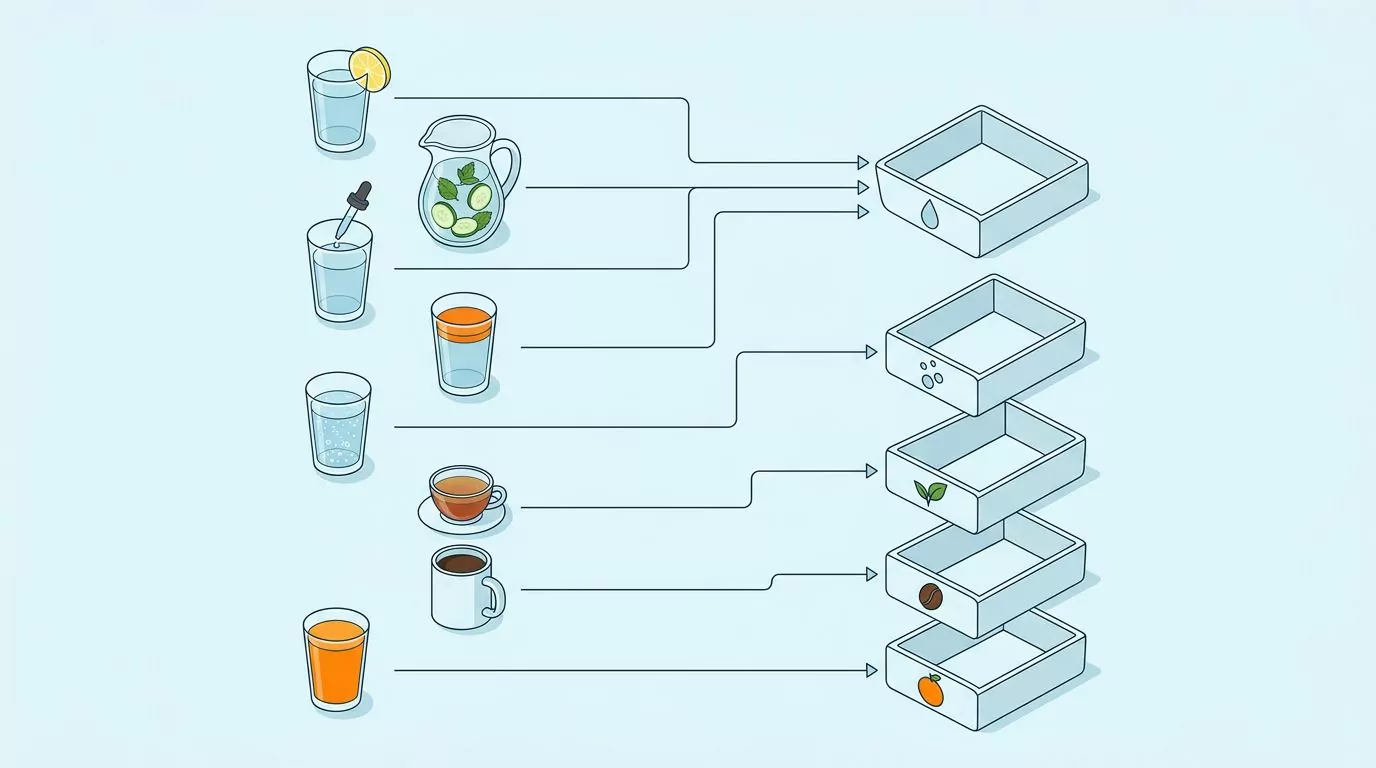 Flavored water sorted into log presets: lemon, infused, drops and juice splash to water; sparkling, tea, coffee apart