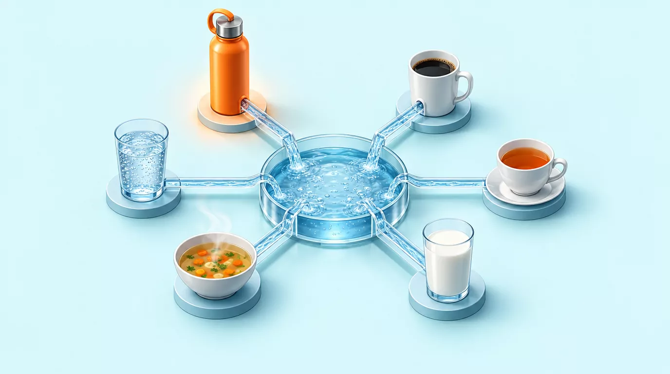 Hub diagram of a daily water total fed by a water bottle, coffee, tea, milk, soup and sparkling water