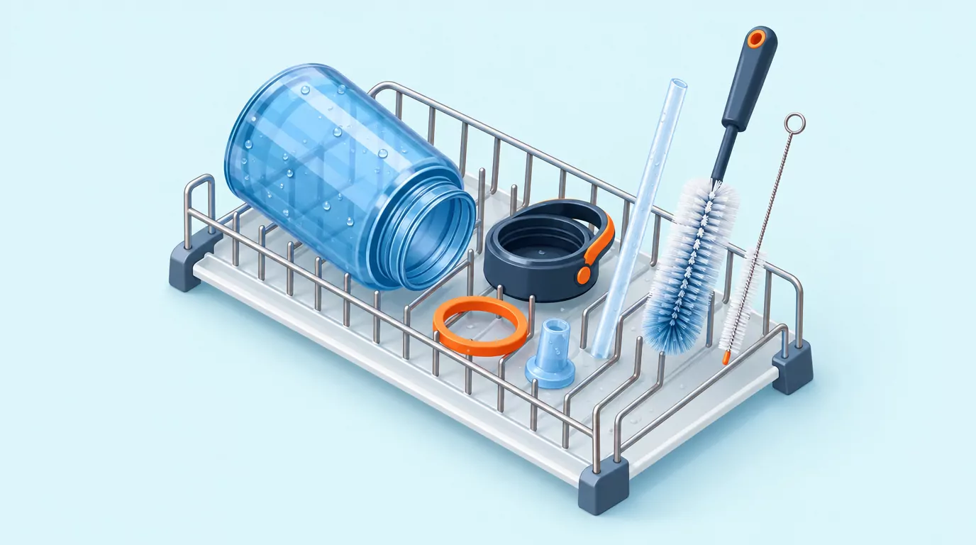 Water bottle taken apart on a drying rack: bottle, lid, seal ring, bite valve, straw and two brushes