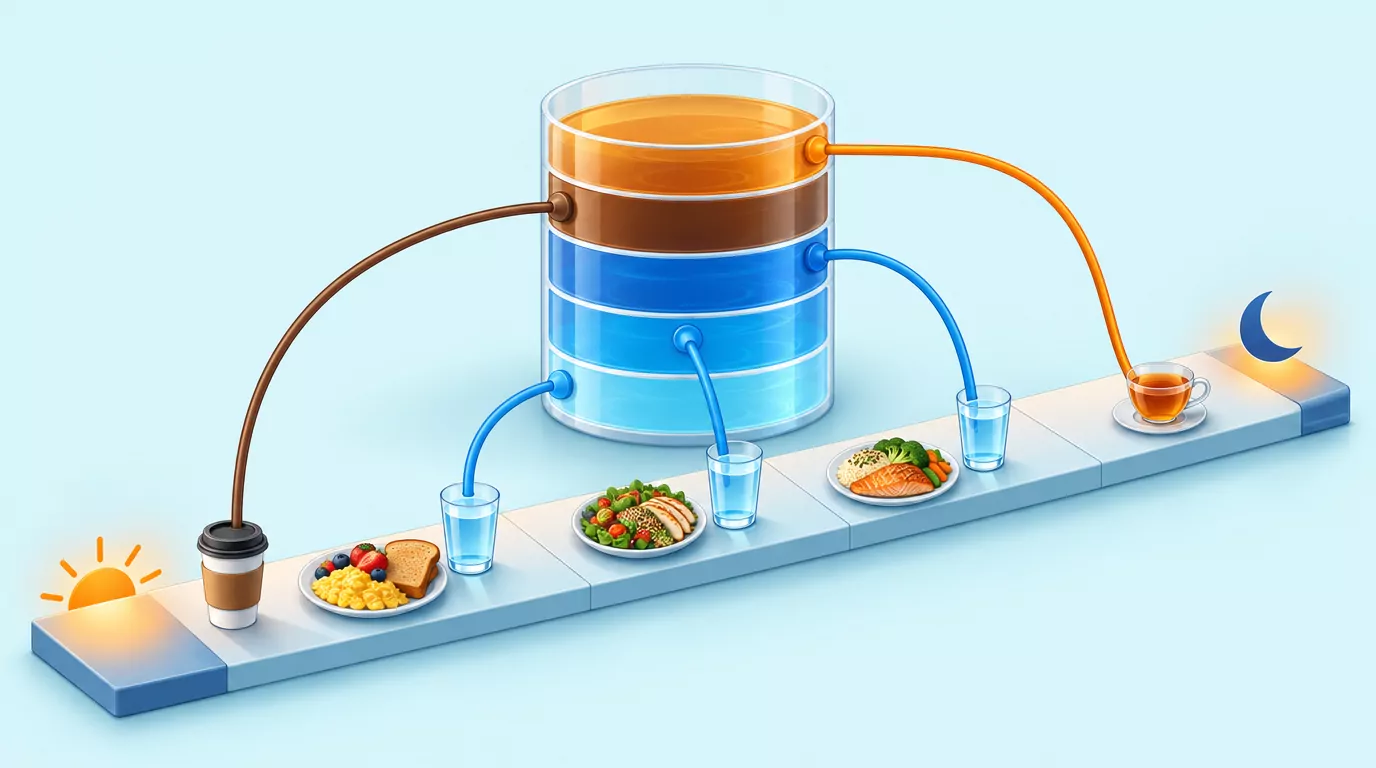 Drinking water with meals on a day timeline: three meal glasses plus coffee and tea fill one column