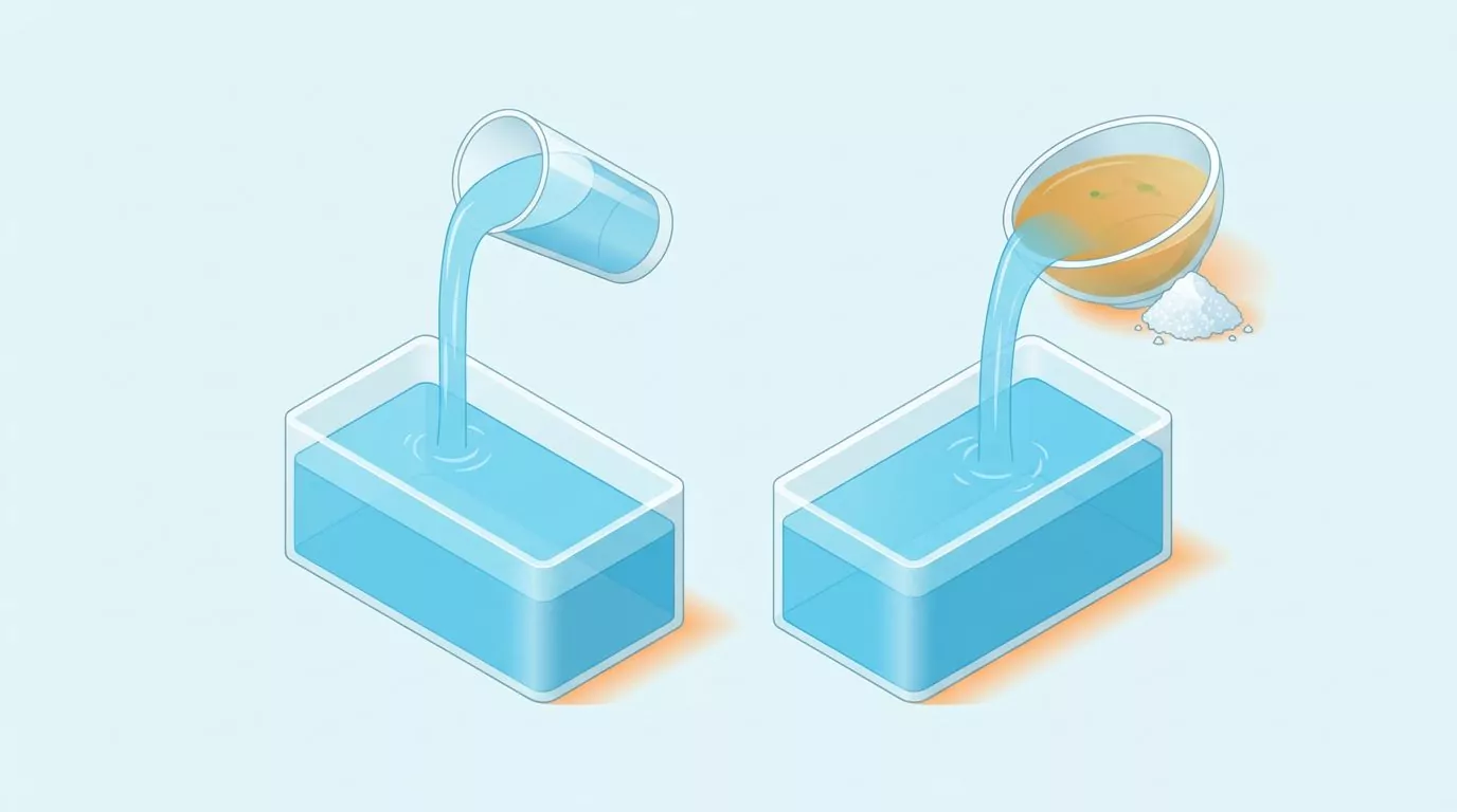 Two lanes where plain water and salty broth fill identical tanks equally, showing salt does not cancel soup water