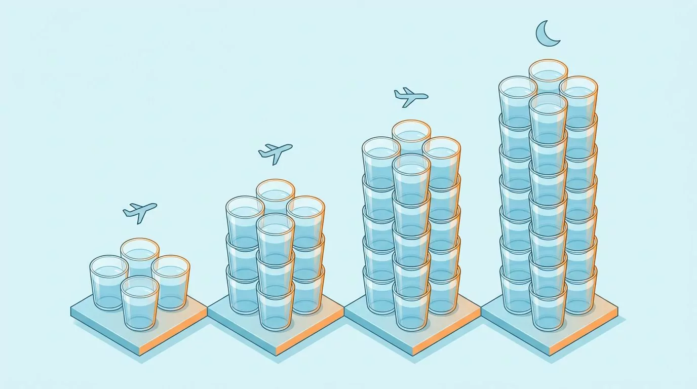 Stacks of water glasses growing taller from a short hop to an overnight long flight