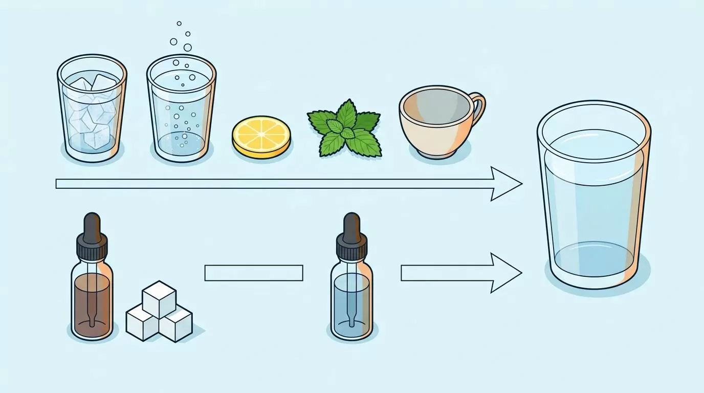 Two lanes into one glass: unsweetened ice, fizz, lemon, mint and tea above; sweet and zero-sugar water enhancer drops below