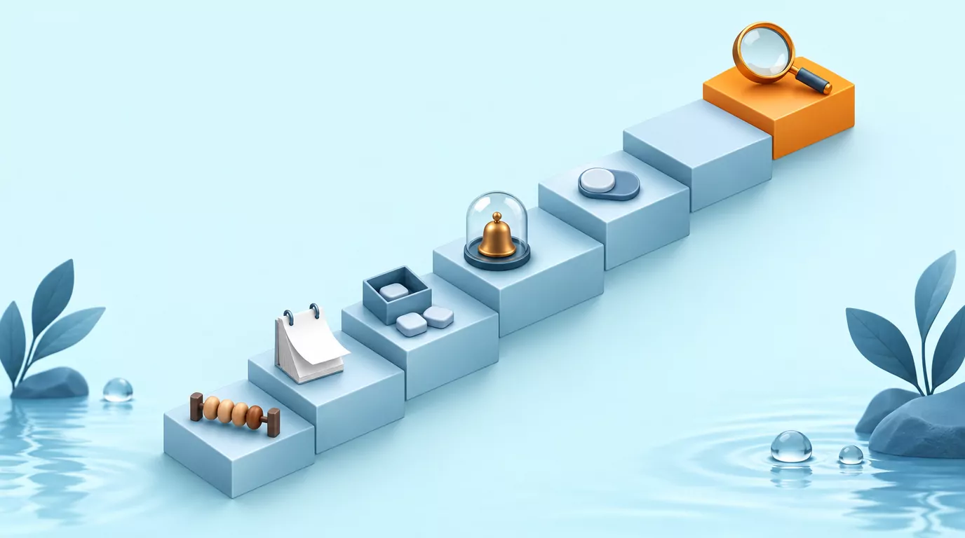 Seven-step staircase from an abacus for counting moving parts up to an orange top step with a magnifying glass for the final review