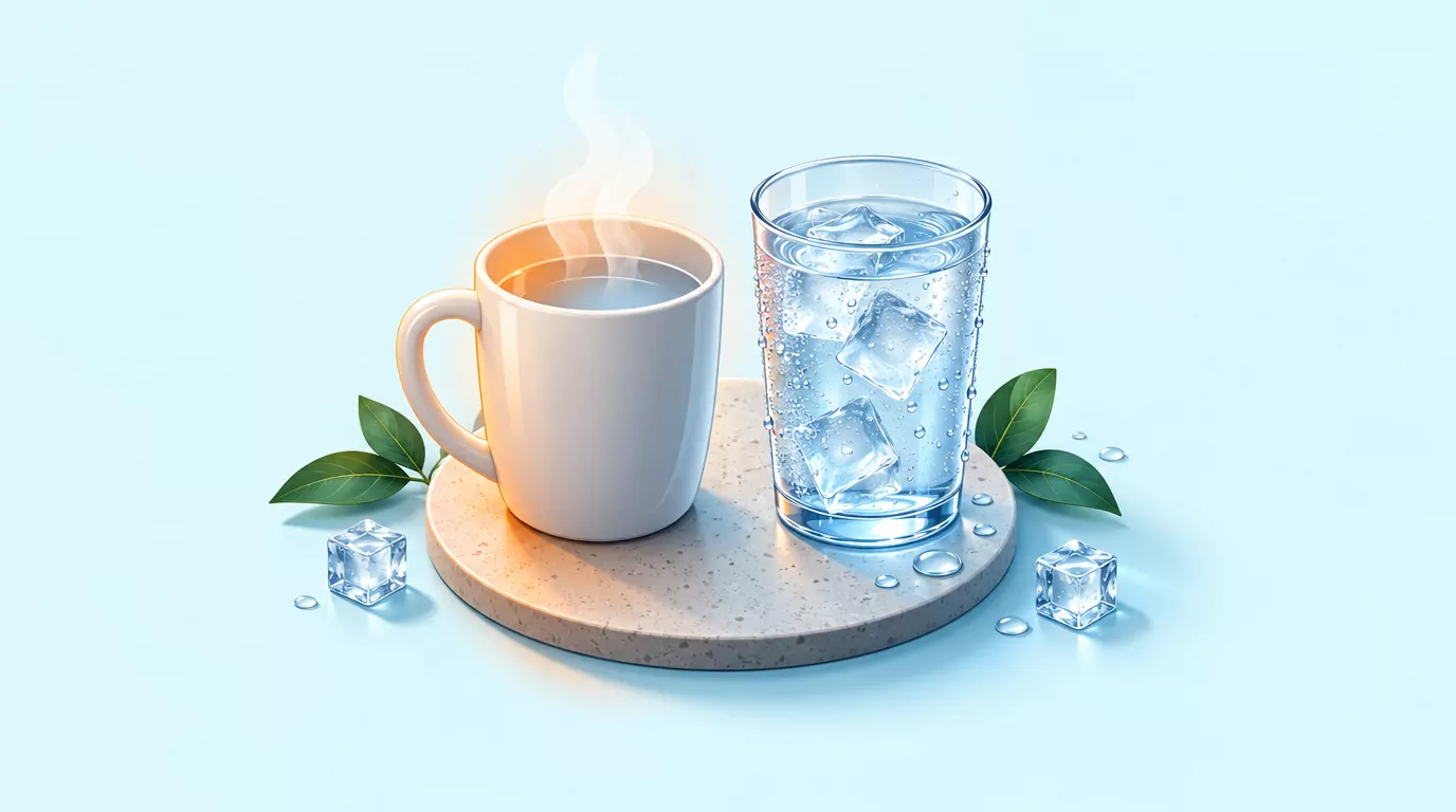 A steaming mug of warm water beside a frosted glass of iced water, the warm vs cold water choice in one scene