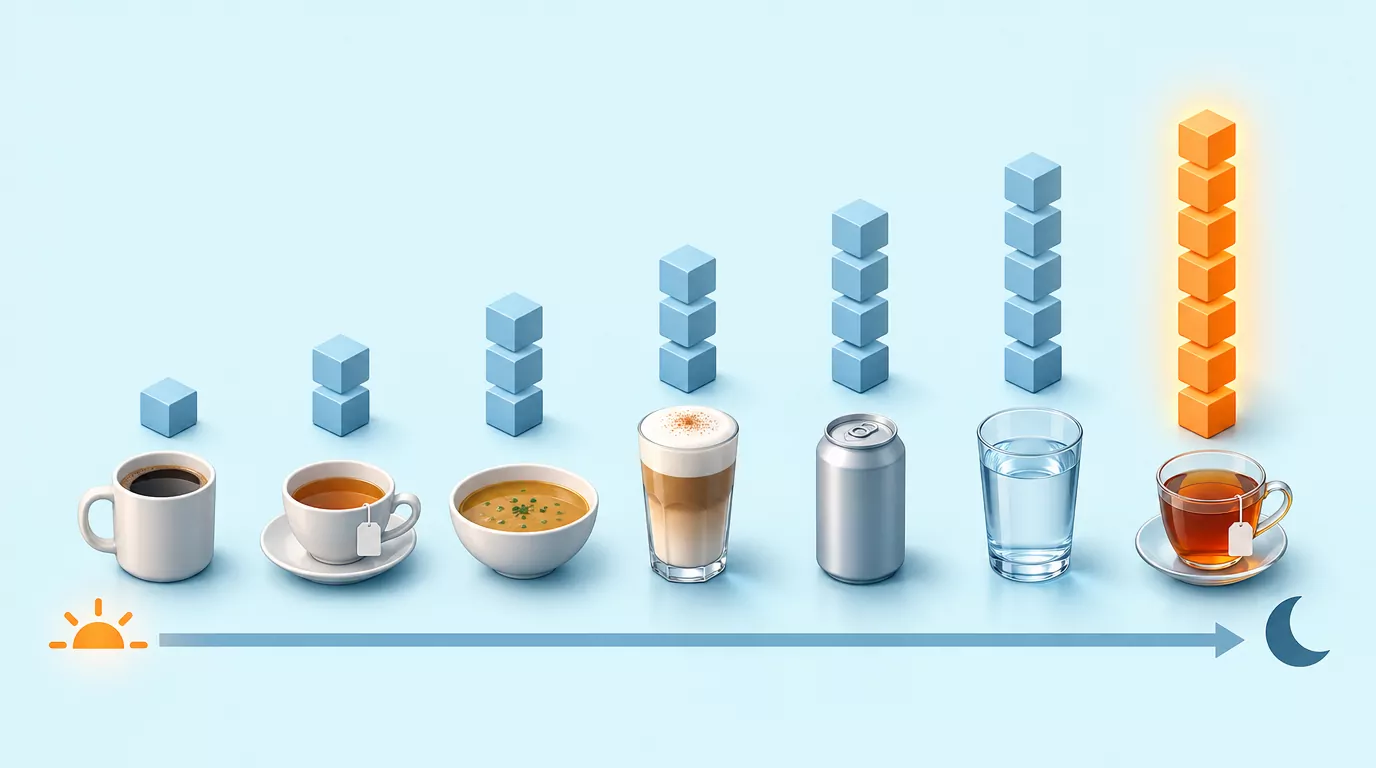 Timeline of seven drinks from sunrise to night, with a column growing after each one as the day adds up