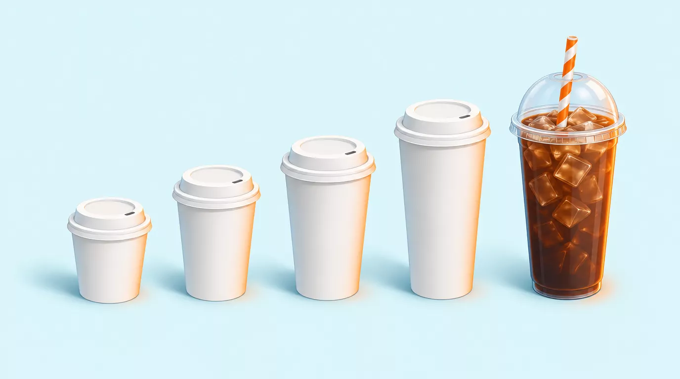 Coffee cup sizes in a row: four hot café cups from short to venti, then a taller iced cup full of ice