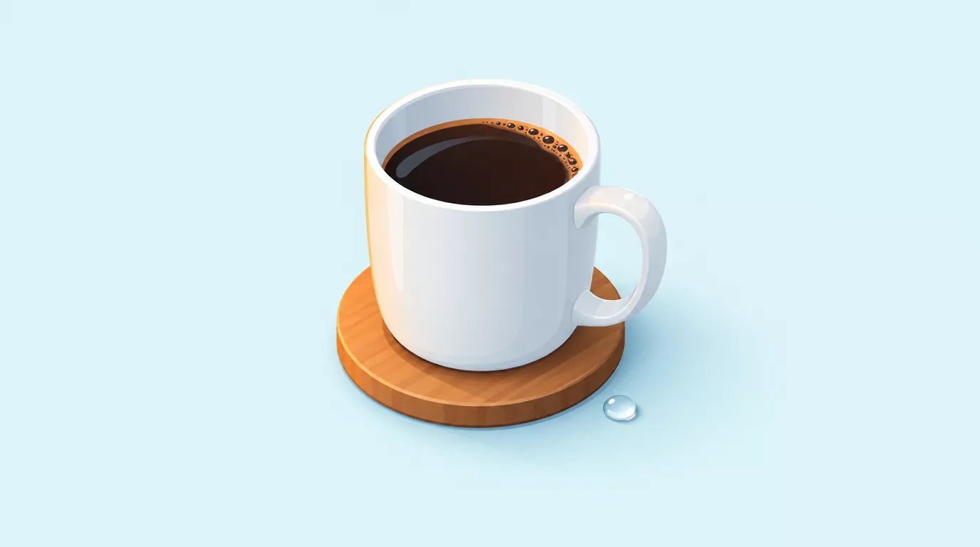 How many ounces in a cup of coffee: one white mug of black coffee on a wooden coaster
