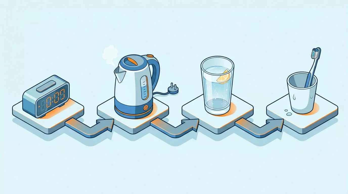 Habit stack chain linking alarm clock, kettle, morning glass of water and toothbrush in order