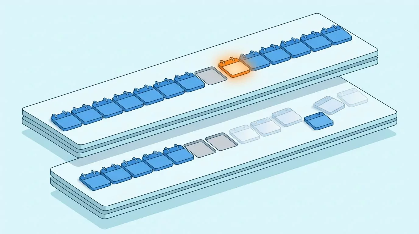 Never miss twice as two lanes: a chain with one gap that carries on, and a chain with two gaps that falls apart
