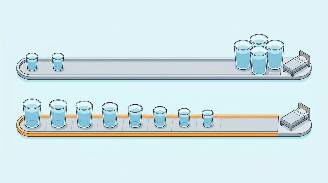 Back-loaded day crowding glasses next to the bed compared with a day that spreads them evenly and tapers before sleep