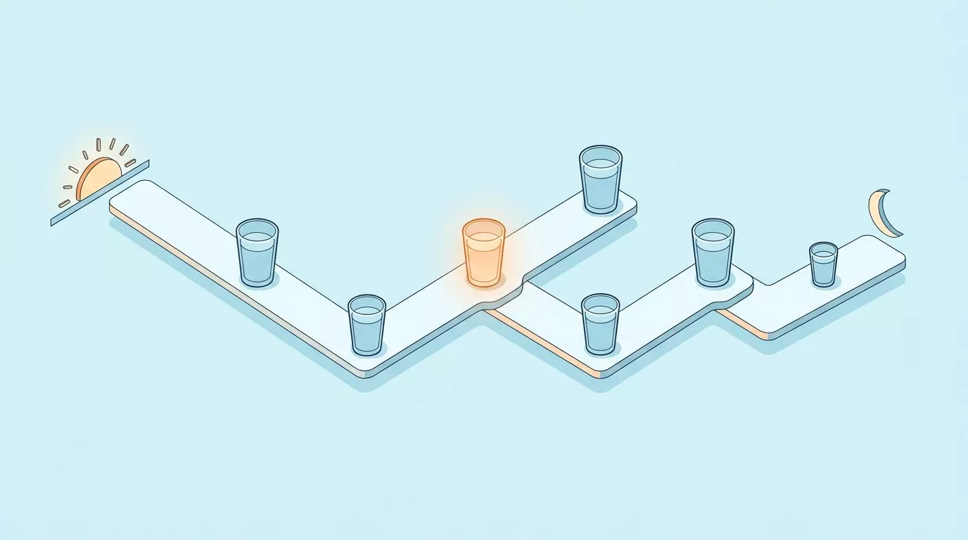 Timeline of a working day with six similar glasses from sunrise to evening and one small glass before bed