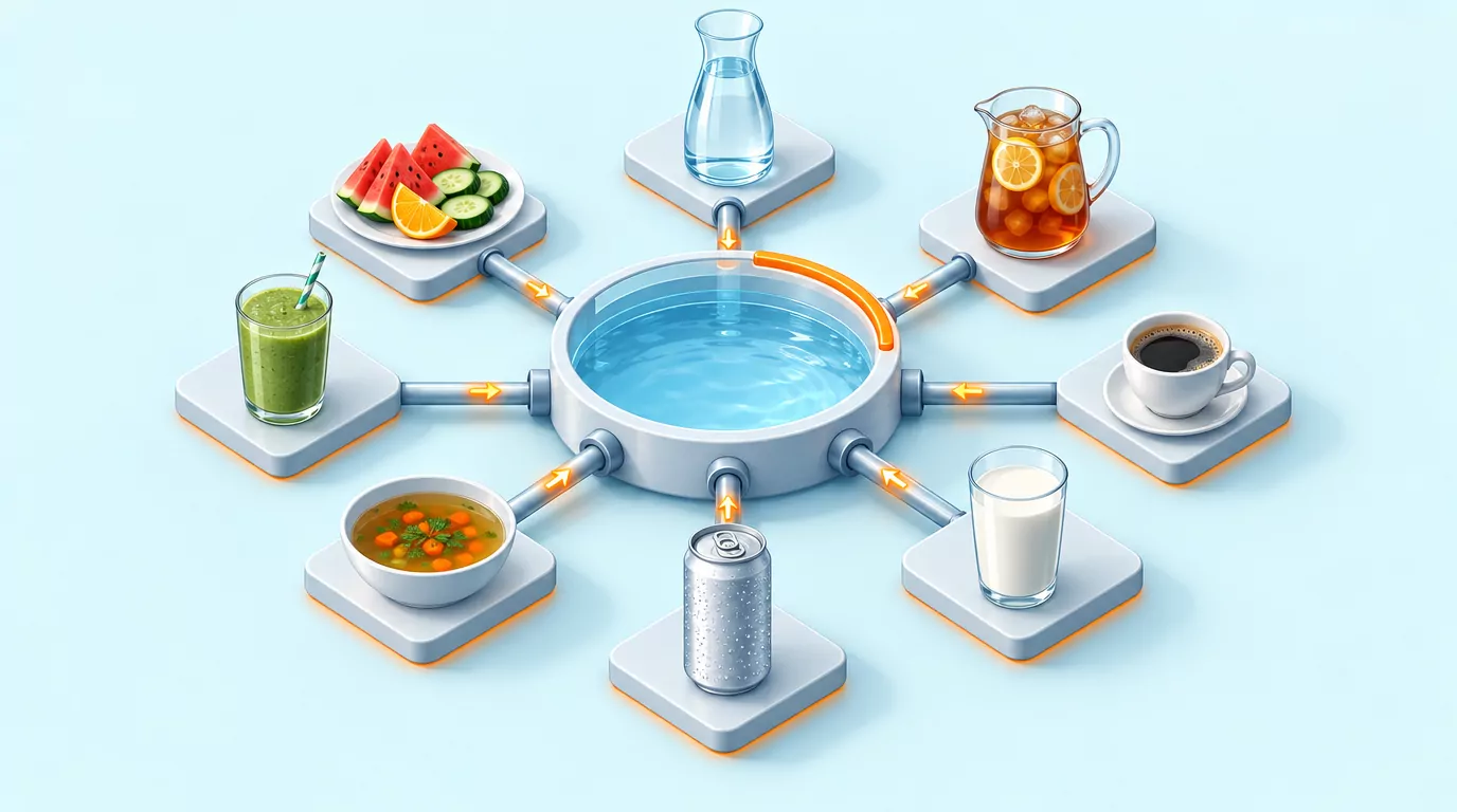Hub diagram of tea, coffee, milk, sparkling water, broth, smoothie and fruit feeding one daily fluid ring