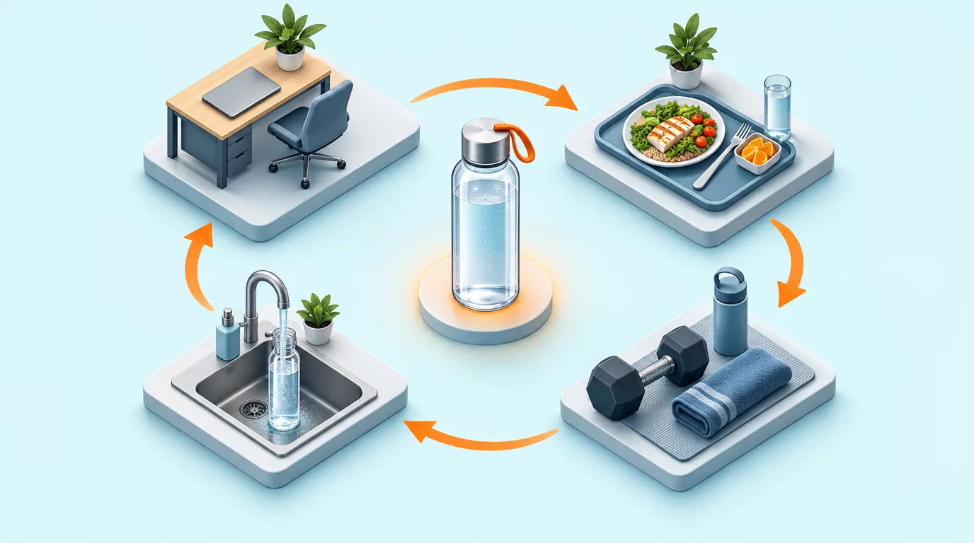 Loop diagram of refill points around a reusable bottle: desk, lunch, gym and the kitchen sink