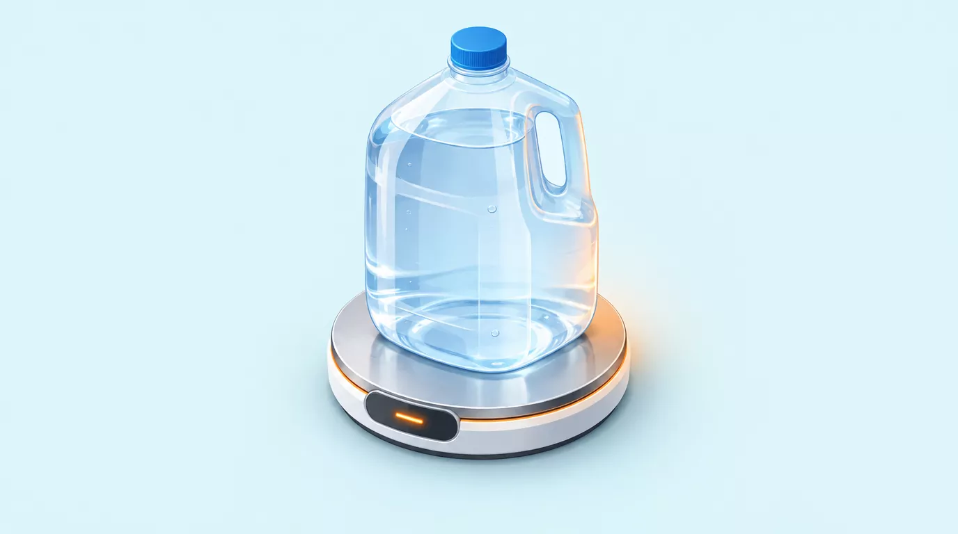 How much does a gallon of water weigh: a full one gallon plastic water jug resting on a round kitchen scale