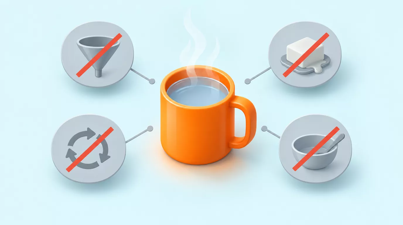 A warm mug in the center with four crossed out claim bubbles for toxins, fat, circulation and digestion around it