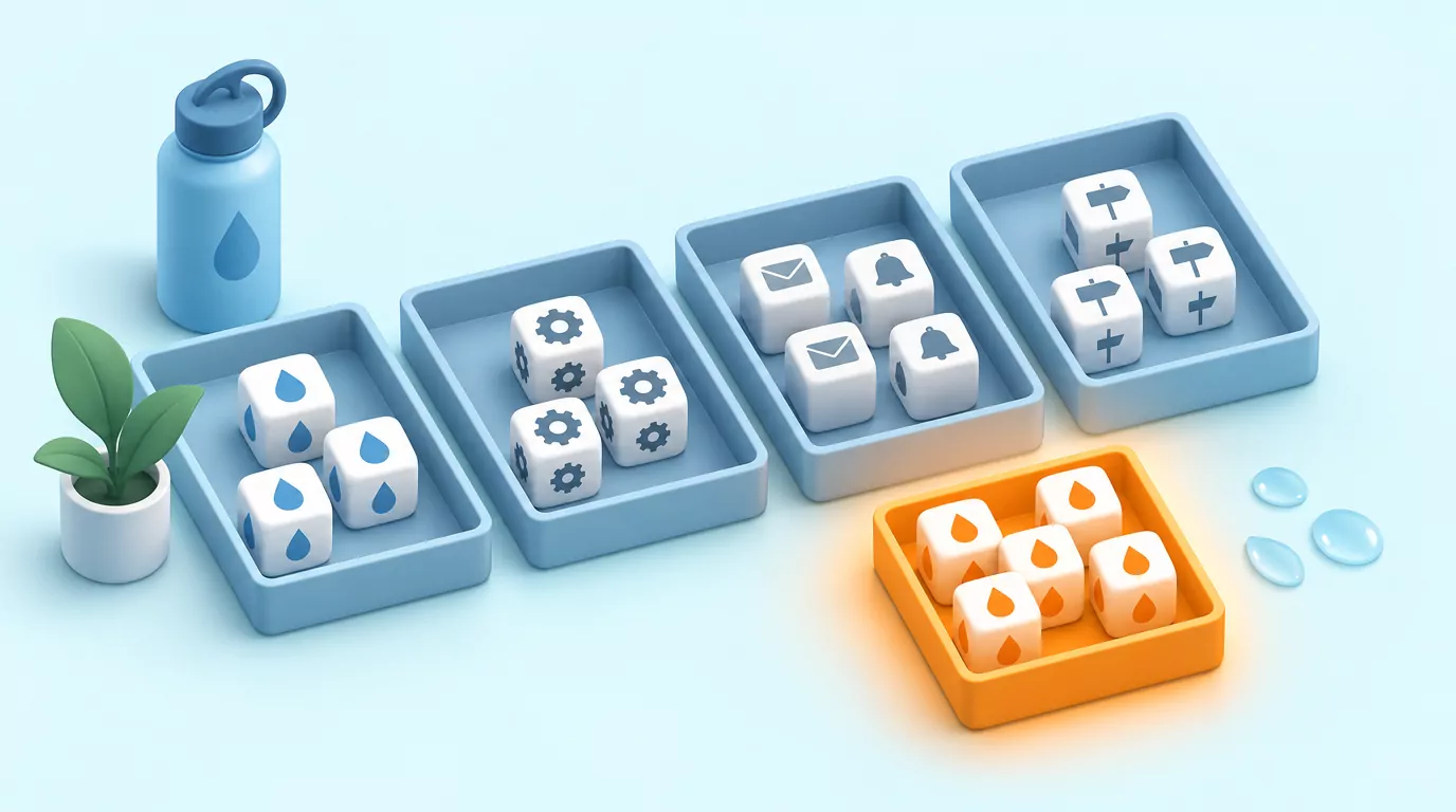 Twenty moving parts sorted into four trays, with five lifted out and set aside to simplify your life