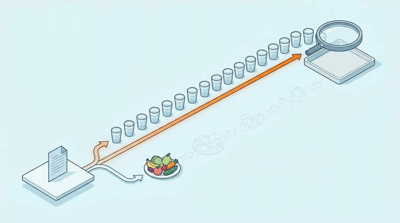Timeline of a 1945 note splitting into a long chain of glasses and a food branch that fades out