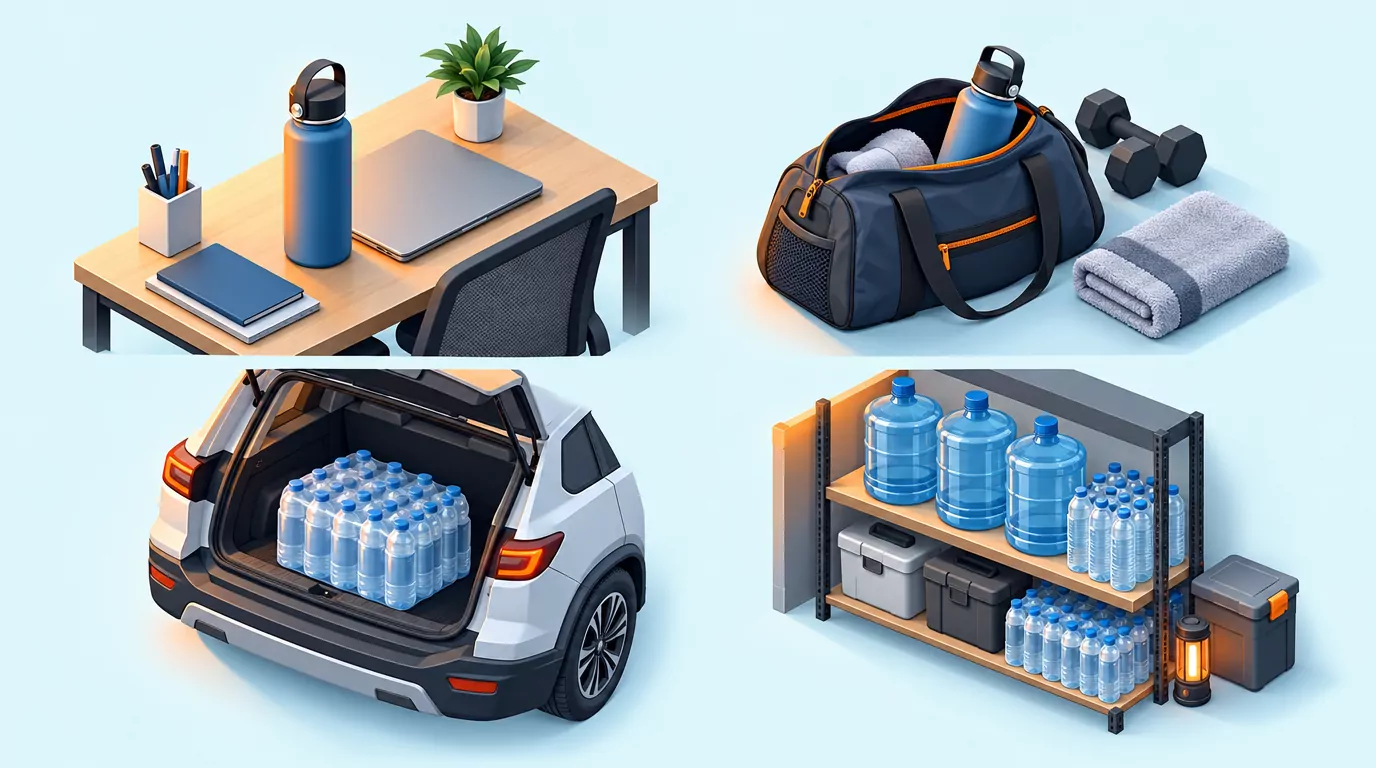 Four-panel grid of a desk bottle, a gym bag bottle, a case in a car trunk and an emergency water shelf