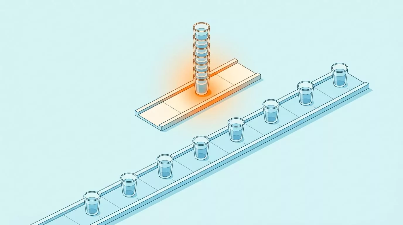 Eight glasses of water spread evenly along a day compared with the same eight glasses crowded into one point