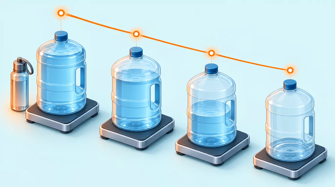 Four gallon jugs on scales from full to empty, a falling line tracking how heavy a gallon of water is through the day