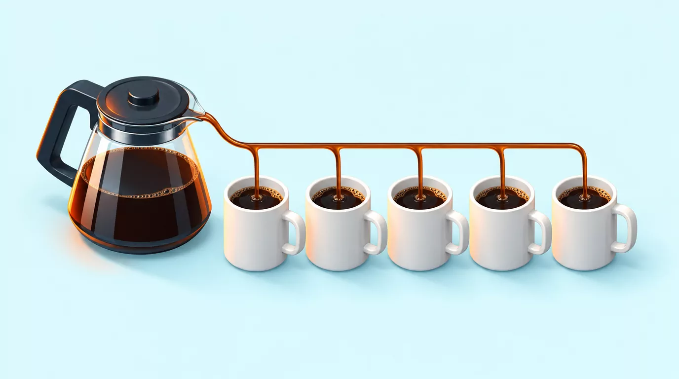 12 cup coffee maker ounces: one glass carafe feeding five large mugs in a row