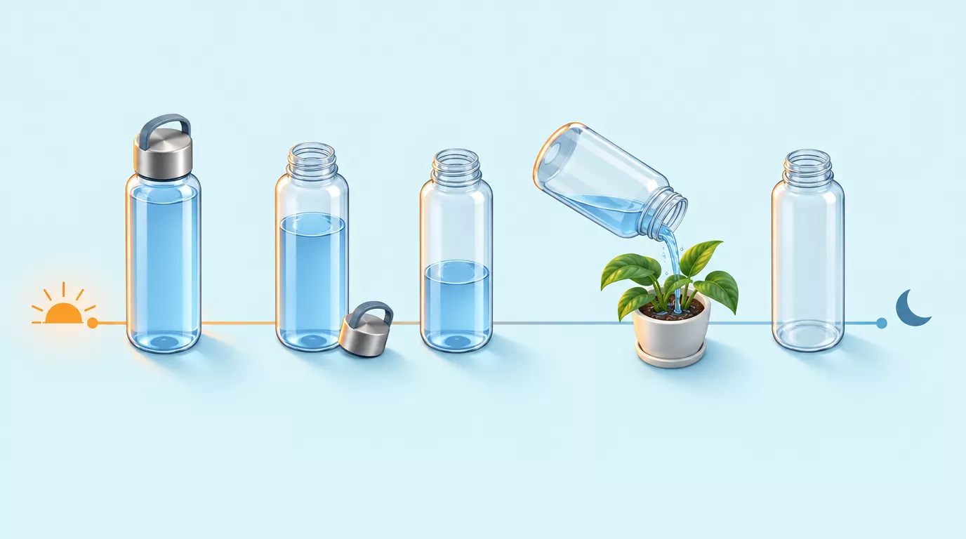 Timeline of one opened water bottle going from full in the morning to tipped into a plant at night