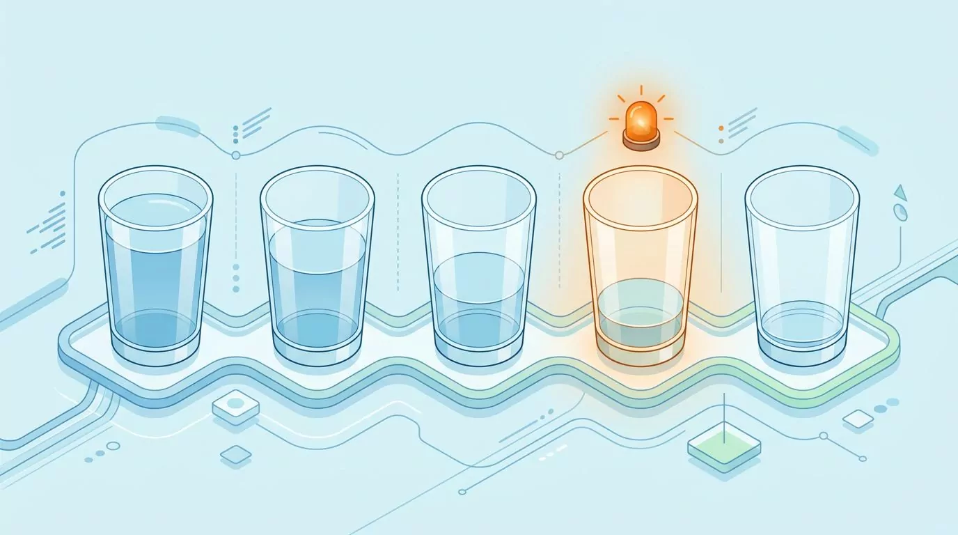 Five glasses emptying left to right with the thirst alert lighting up only near the end of the row