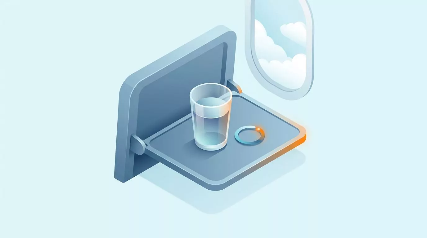 Glass of water on an airplane tray table next to a small hydration progress ring