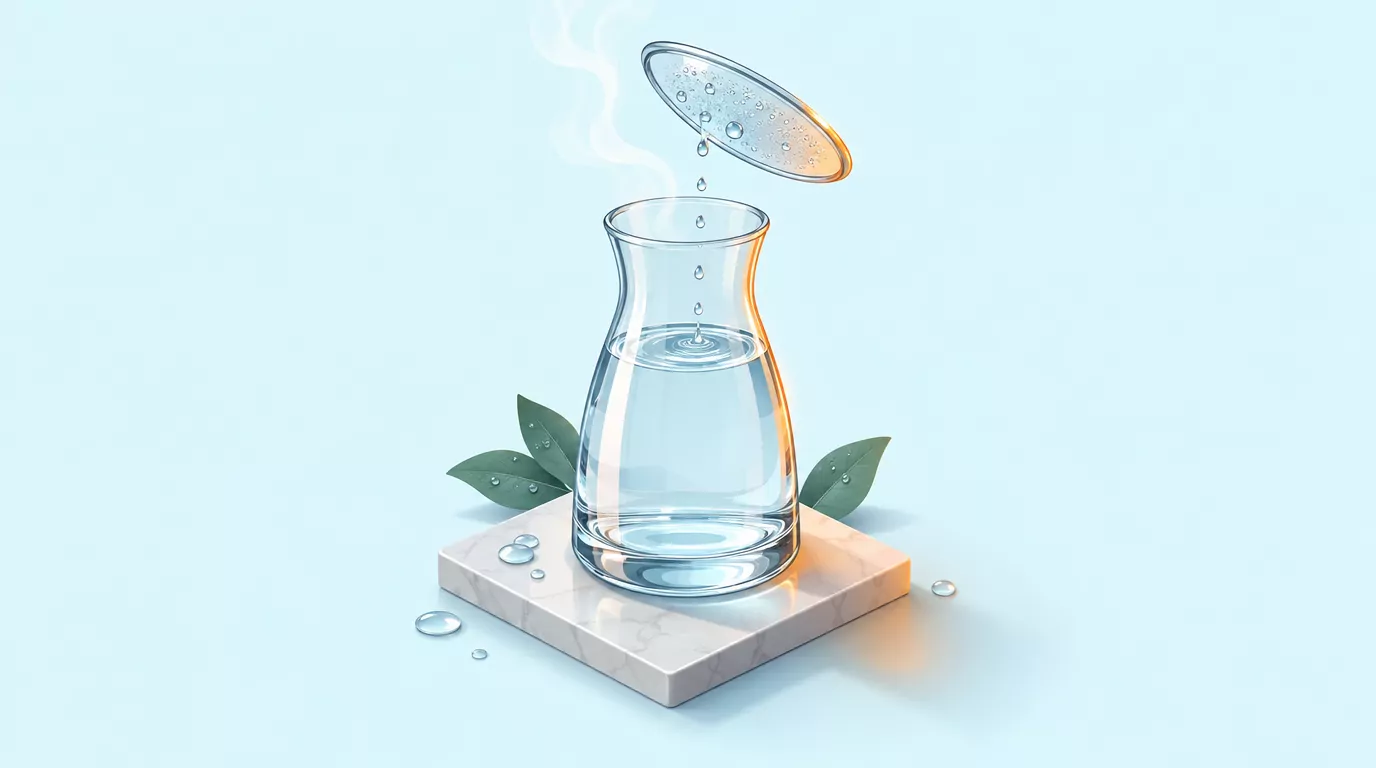 A glass carafe of distilled water with steam condensing above it, for the question is distilled water good for drinking