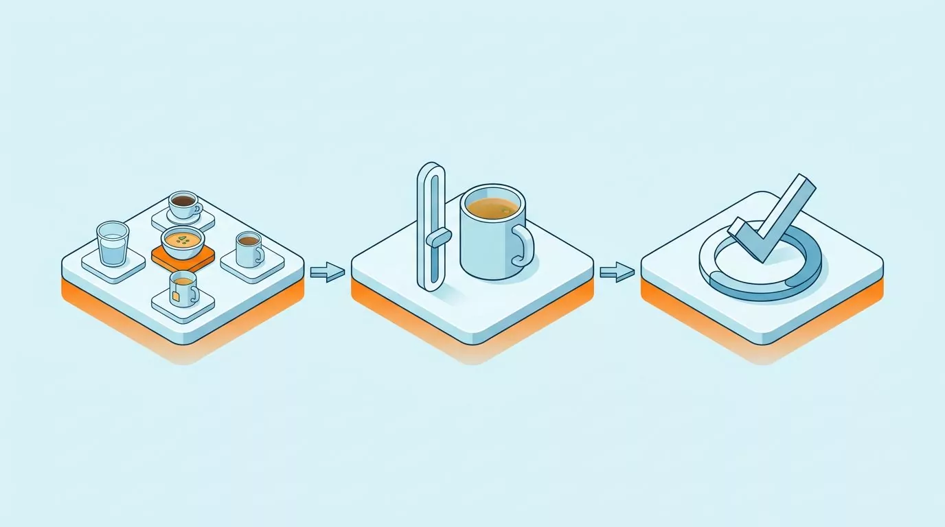Three step flow for logging soup in a hydration tracker: pick the soup preset, set the amount, confirm