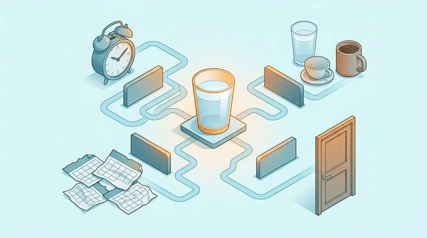 Diagram of four paths to one water glass, blocked by a clock, other drinks, scattered calendar pages and a door
