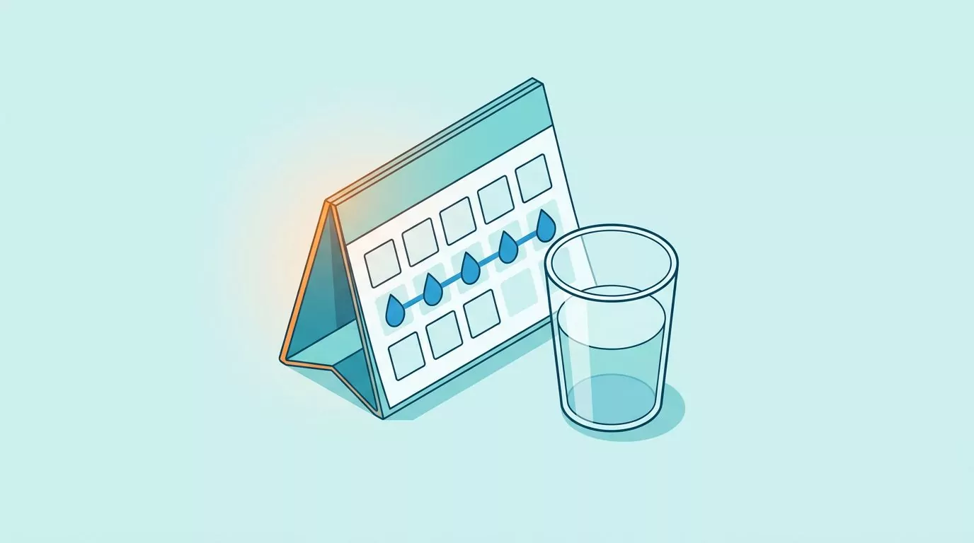 Don't break the chain for hydration: a wall calendar with a linked row of water drop marks beside a glass
