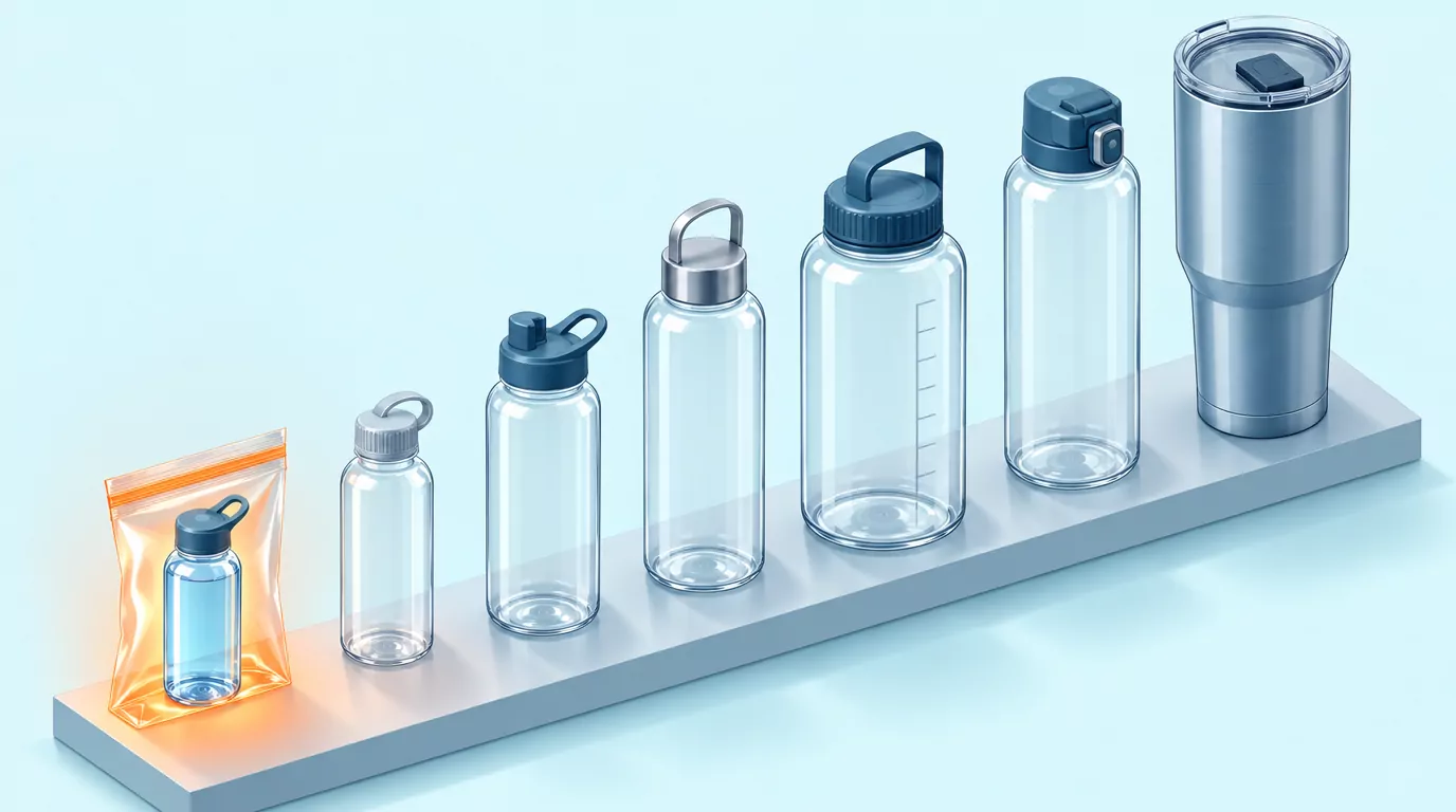 Seven water bottles from a 3.4 oz travel size to a 40 oz tumbler: only the smallest goes full, the rest pass empty