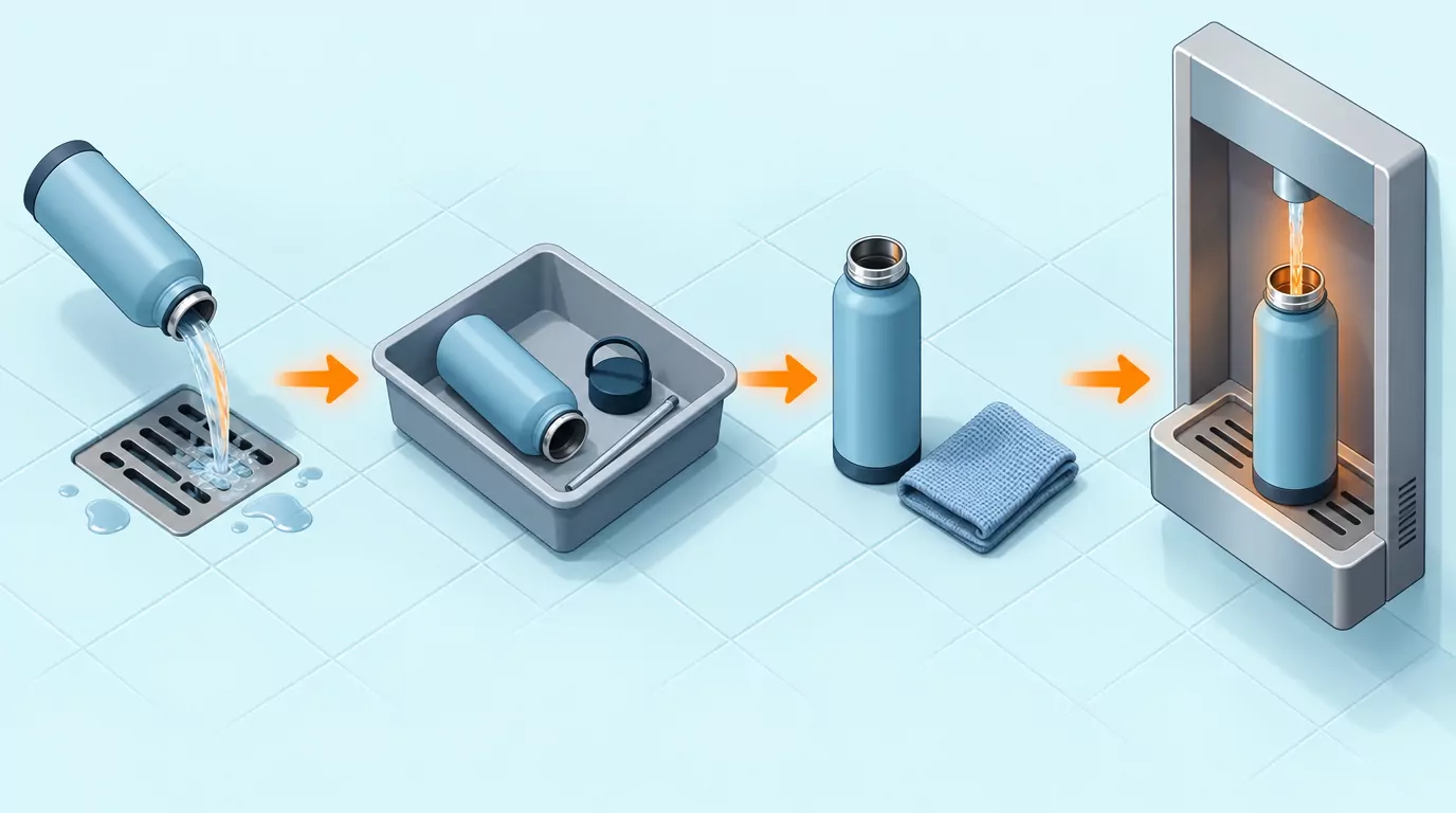 Four steps to bring an empty water bottle on a plane: pour it out, open it at the bin, pack it dry, refill after security