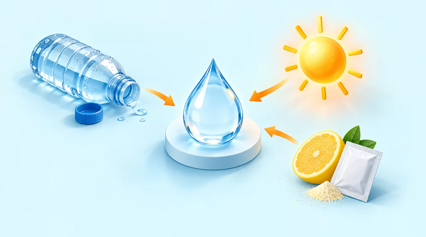 Hub diagram of a water droplet that stays unchanged while an open bottle, heat and flavorings point in at it