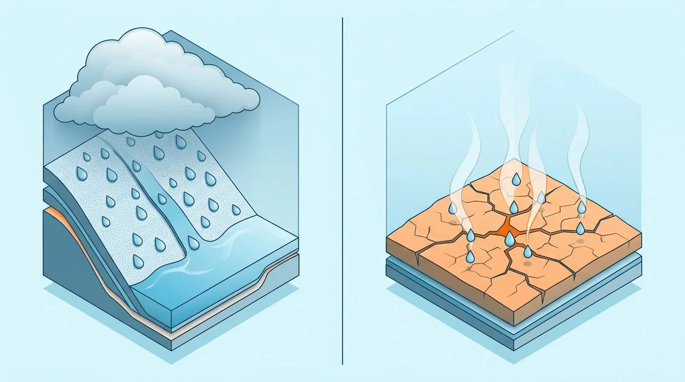 Two panels contrasting sweat beading and running off in humid air with sweat evaporating invisibly in dry heat