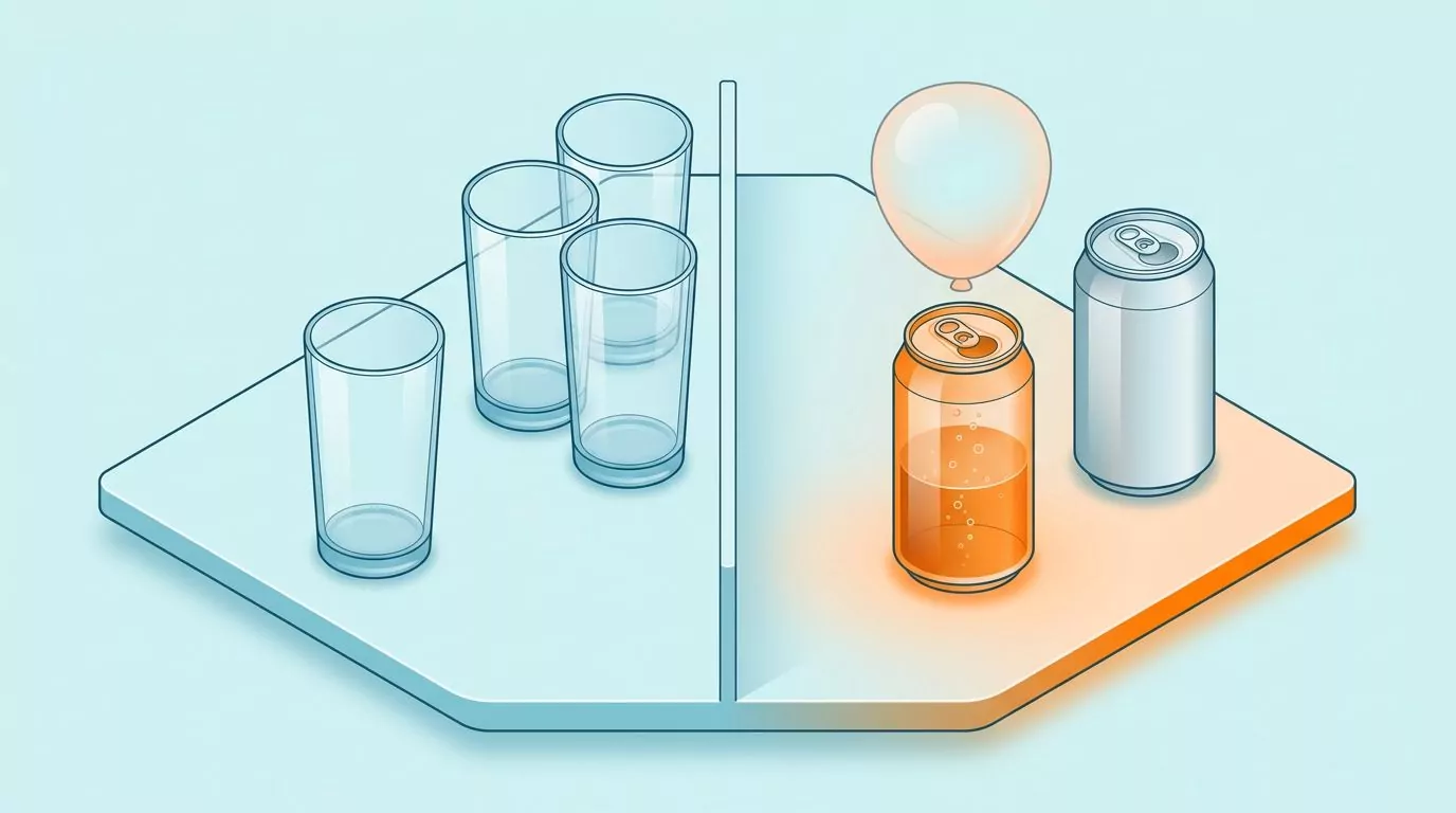 Four drained still water glasses beside one half finished can, showing the fullness effect of carbonation