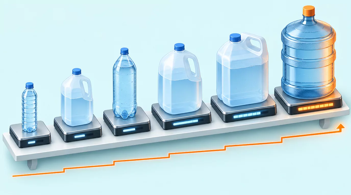 Six water containers on scales, from a 1 liter bottle to a 5 gallon cooler jug, with weight rising as volume grows