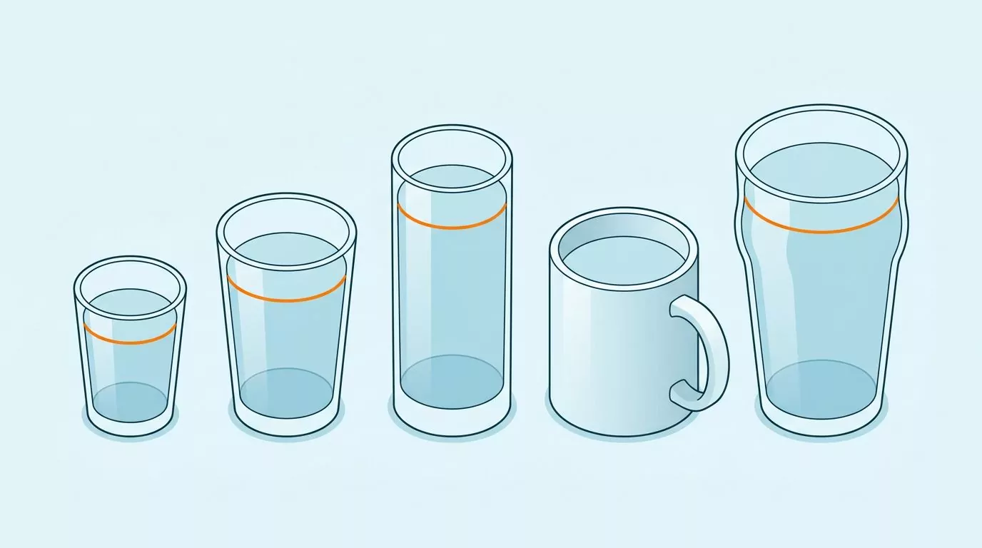 Five vessels from a small juice glass to a pint glass, each filled below the rim, showing how big a glass of water is